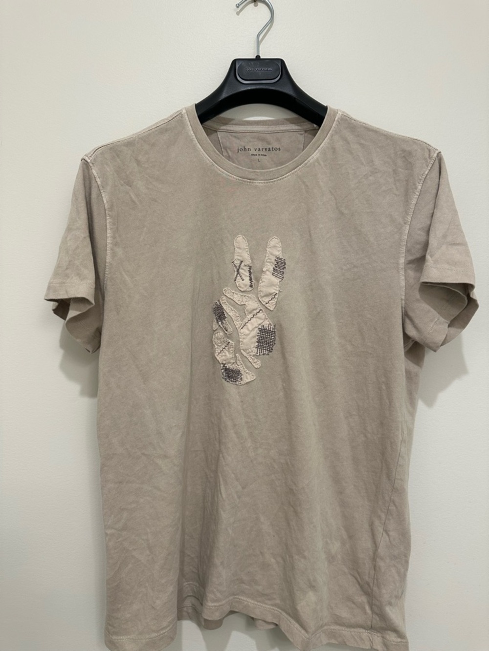 John Varvatos Taupe Crewneck Tee with Peace Sign Appliqué